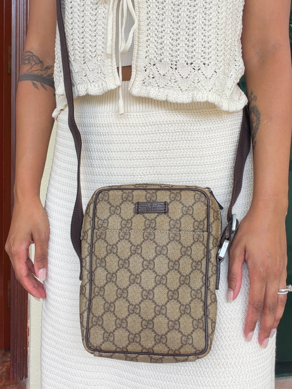 Vintage Gucci GG Monogram Brown Canvas Sling Crossbody Bag